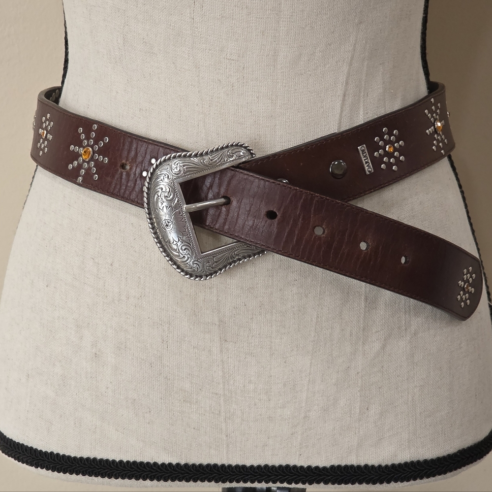Ariat Western Cowboy Brown Leather Studded Rhinstones Buckle Belt